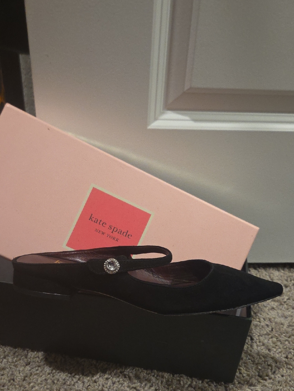 kate spade Black Pointed Slingback Mules with Crystal Button